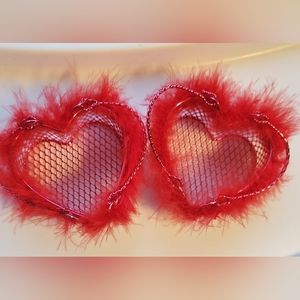 2 Red Feather Heart Trim Wire/ Basket